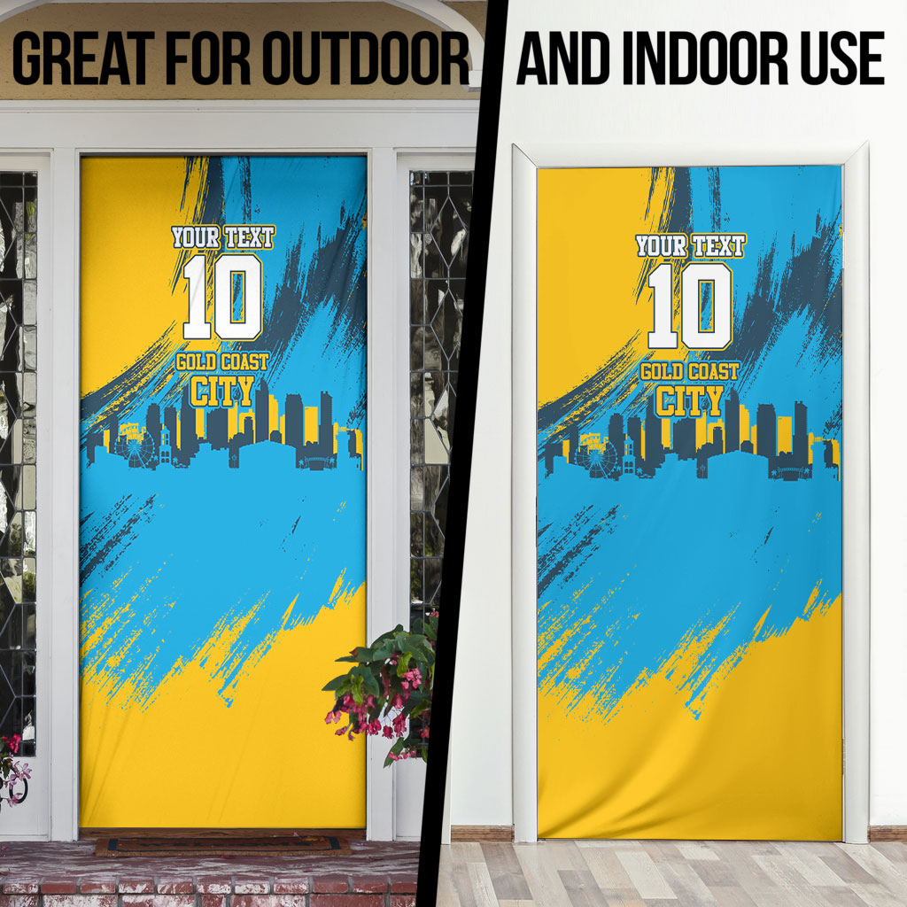 Personalised Gold Coast Titans Rugby Door Cover Muscular Titan Mascot City Skyline Graphic