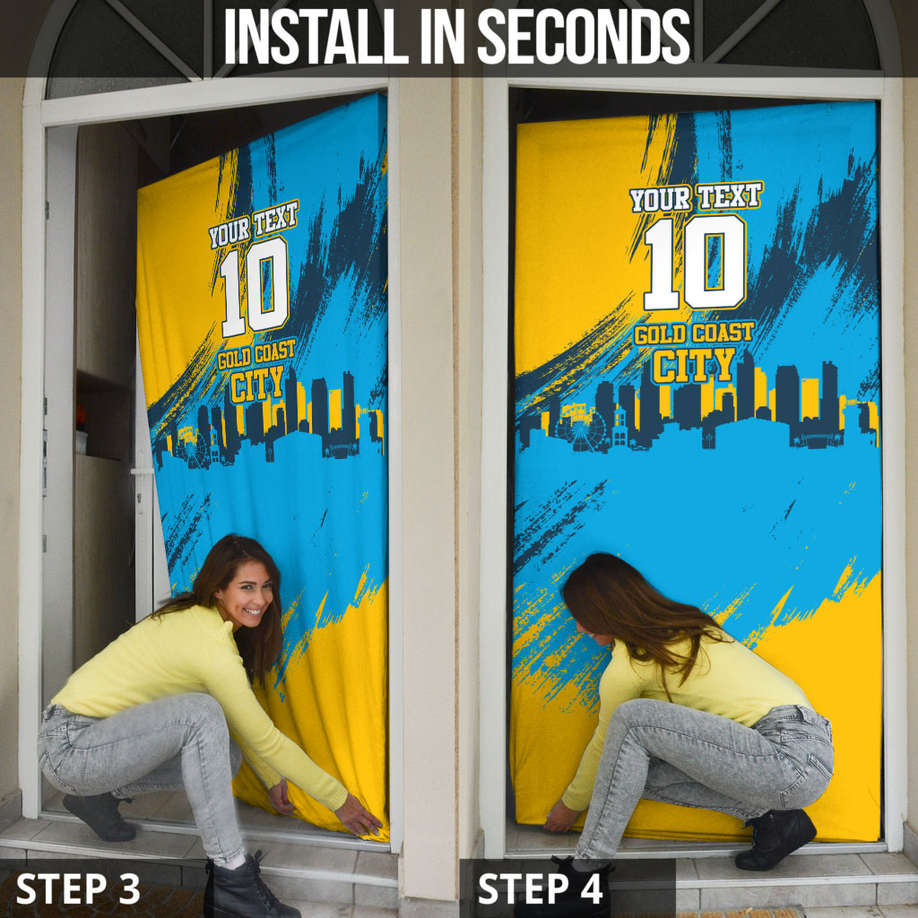 Personalised Gold Coast Titans Rugby Door Cover Muscular Titan Mascot City Skyline Graphic