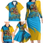 Personalised Gold Coast Titans Rugby Family Matching Long Sleeve Bodycon Dress and Hawaiian Shirt Muscular Titan Mascot City Skyline Graphic
