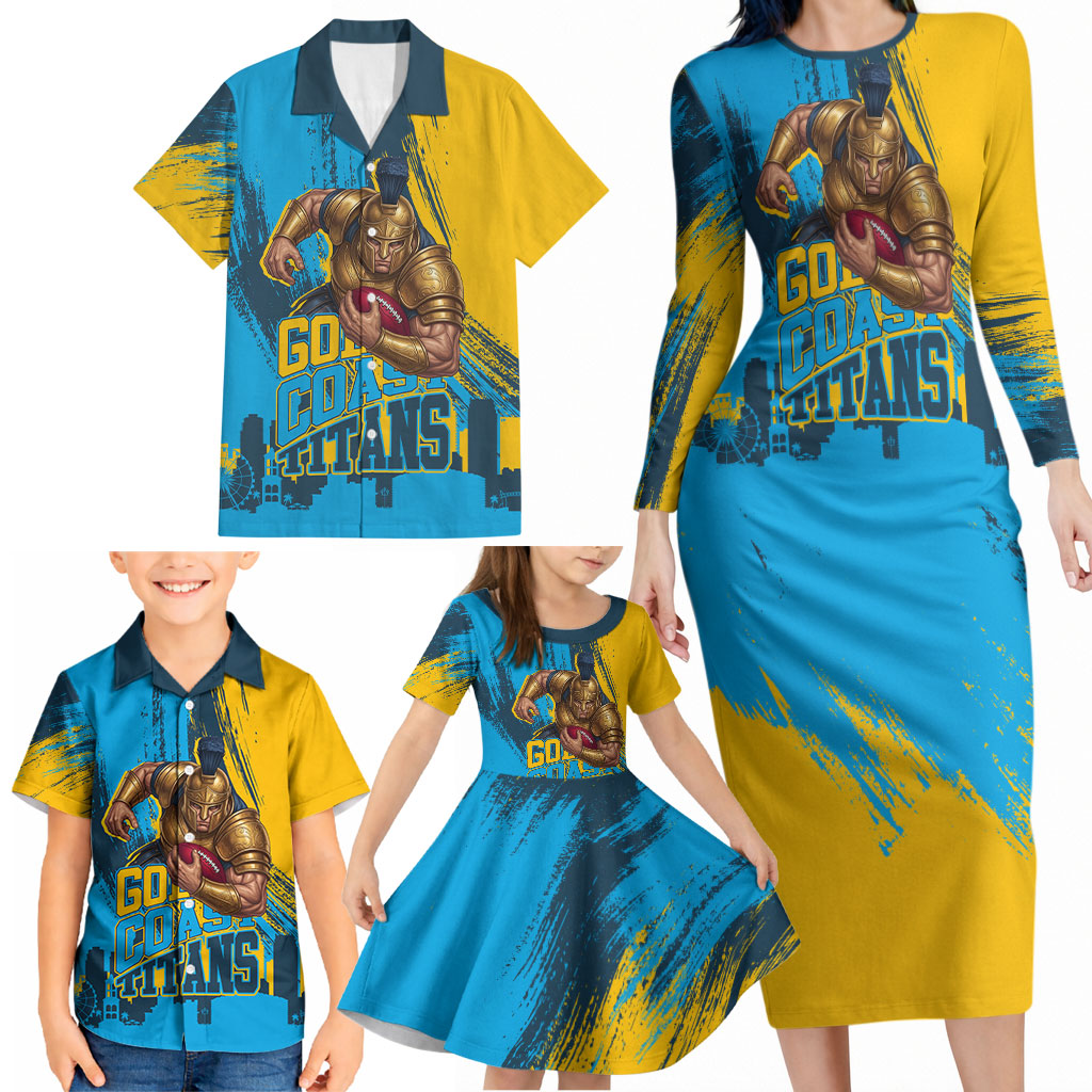 Personalised Gold Coast Titans Rugby Family Matching Long Sleeve Bodycon Dress and Hawaiian Shirt Muscular Titan Mascot City Skyline Graphic