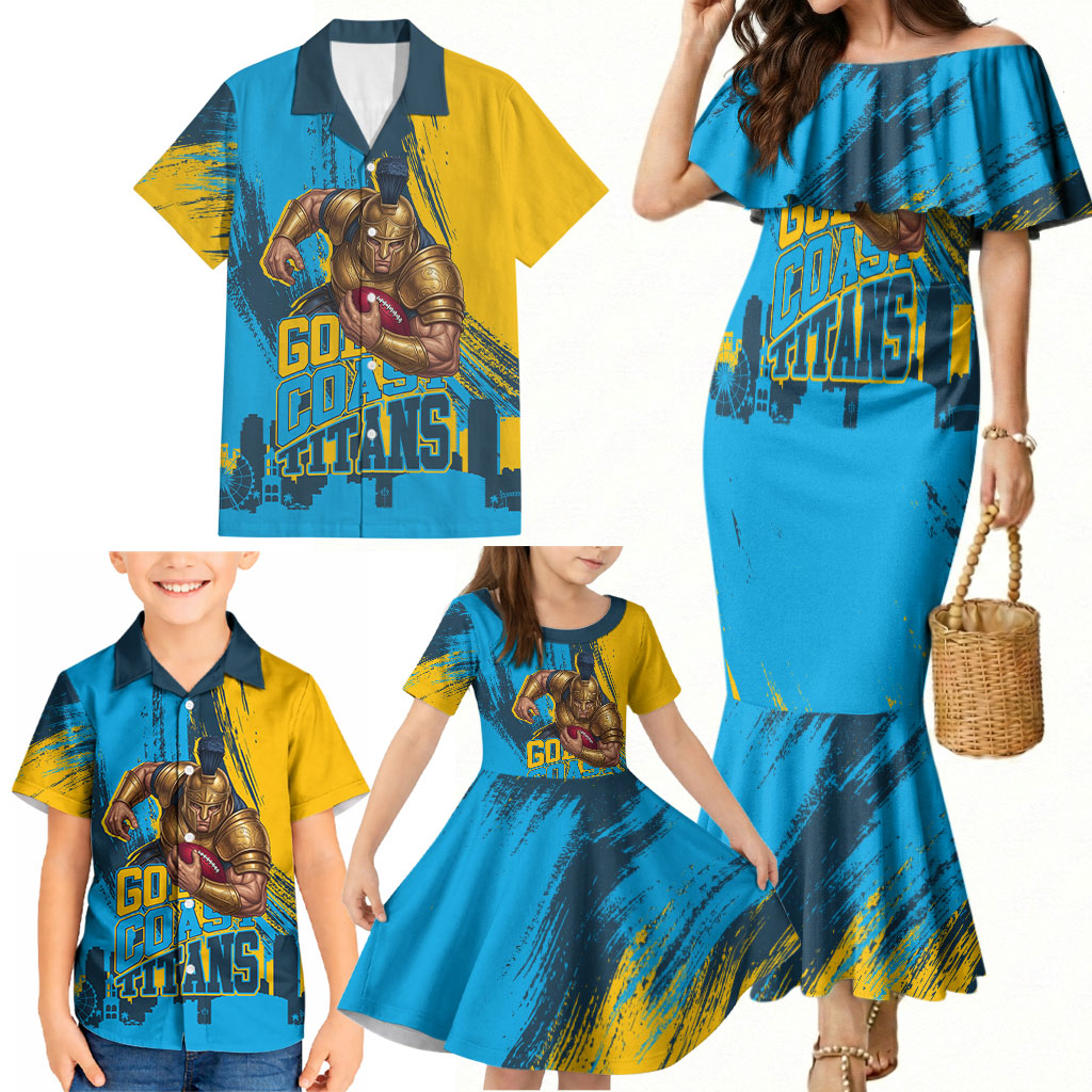 Personalised Gold Coast Titans Rugby Family Matching Mermaid Dress and Hawaiian Shirt Muscular Titan Mascot City Skyline Graphic