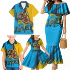 Personalised Gold Coast Titans Rugby Family Matching Mermaid Dress and Hawaiian Shirt Muscular Titan Mascot City Skyline Graphic