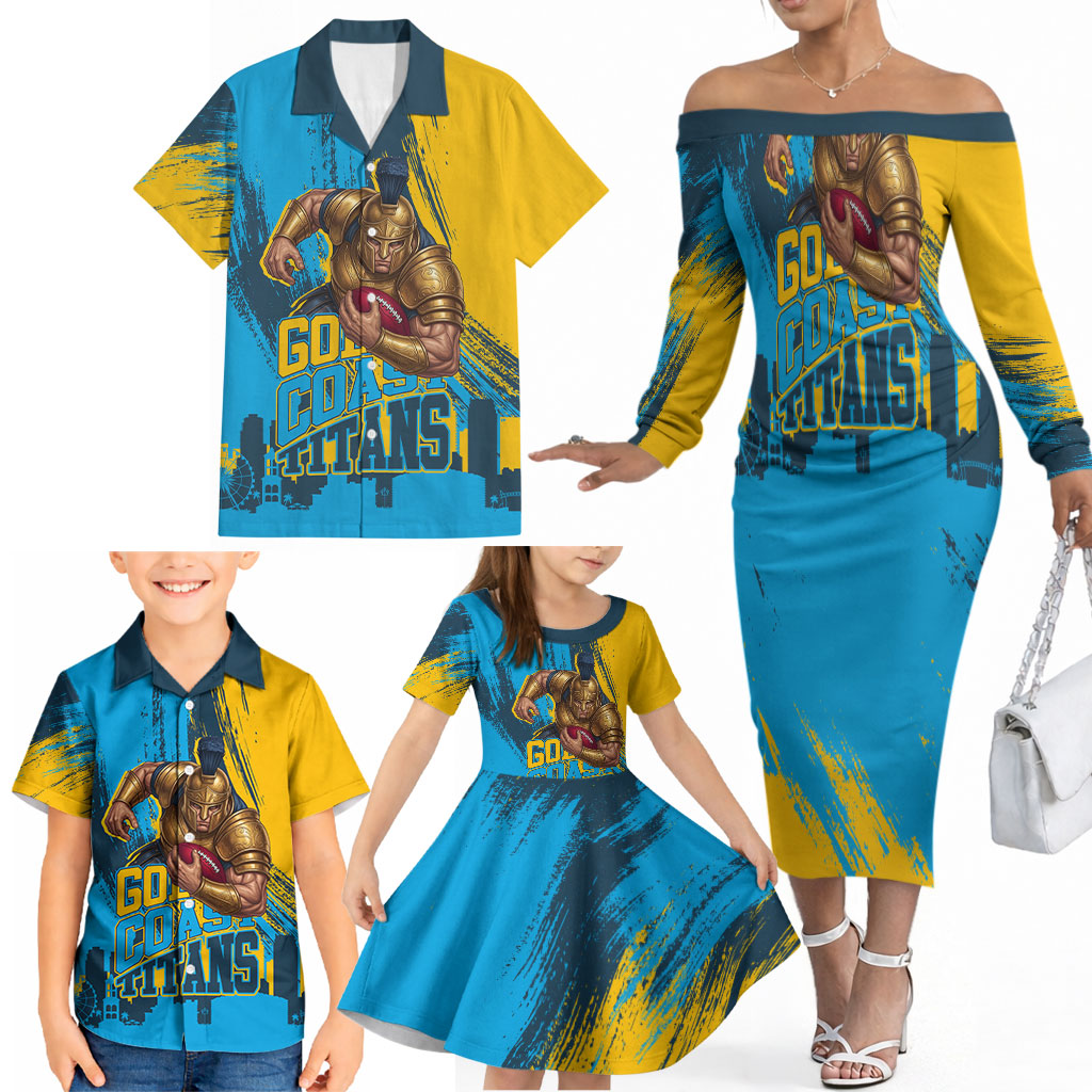 Personalised Gold Coast Titans Rugby Family Matching Off The Shoulder Long Sleeve Dress and Hawaiian Shirt Muscular Titan Mascot City Skyline Graphic