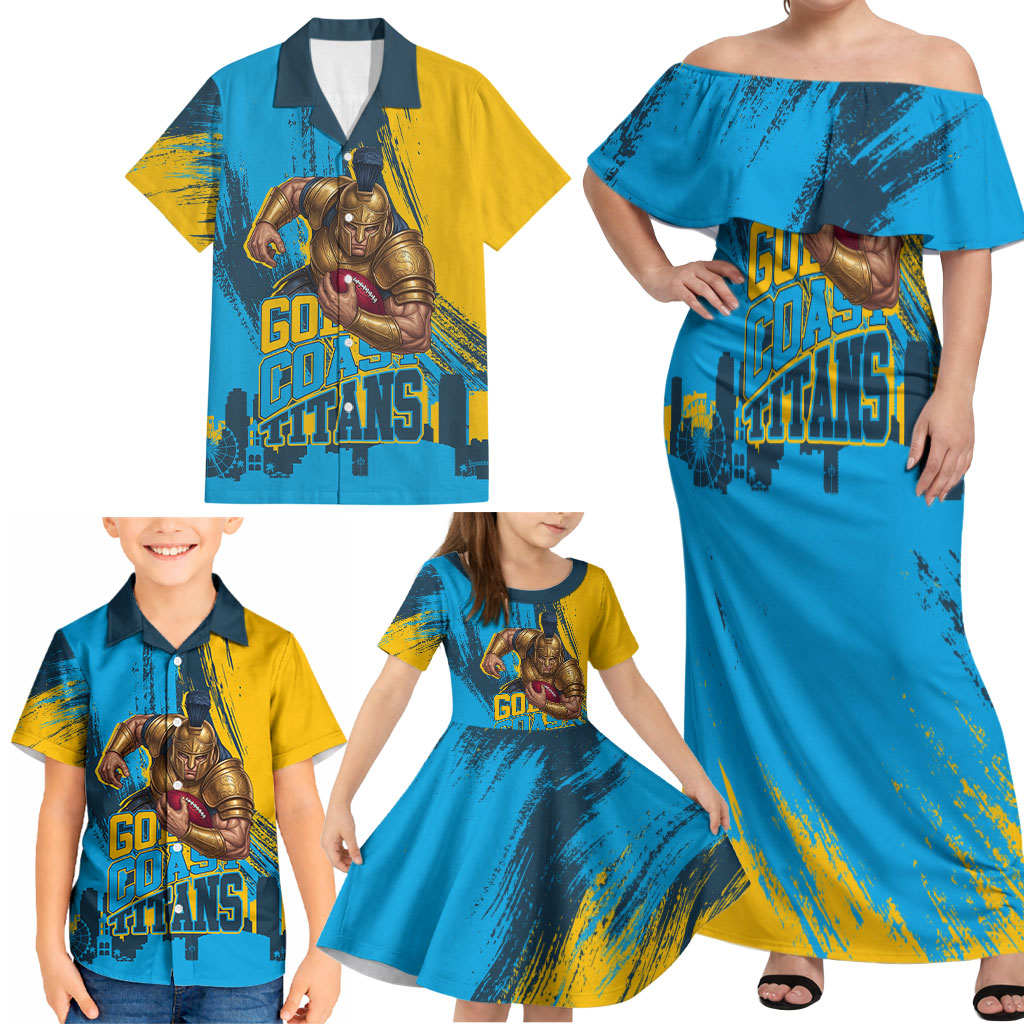 Personalised Gold Coast Titans Rugby Family Matching Off Shoulder Maxi Dress and Hawaiian Shirt Muscular Titan Mascot City Skyline Graphic