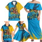 Personalised Gold Coast Titans Rugby Family Matching Off Shoulder Maxi Dress and Hawaiian Shirt Muscular Titan Mascot City Skyline Graphic