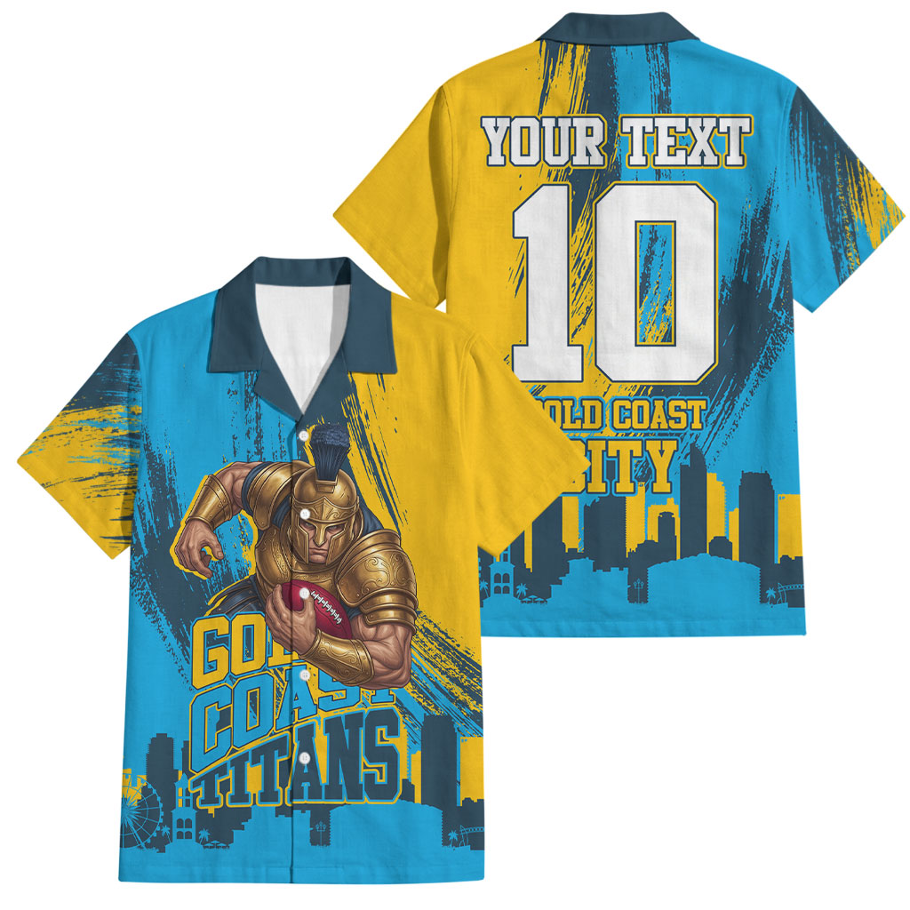 Personalised Gold Coast Titans Rugby Family Matching Off Shoulder Maxi Dress and Hawaiian Shirt Muscular Titan Mascot City Skyline Graphic