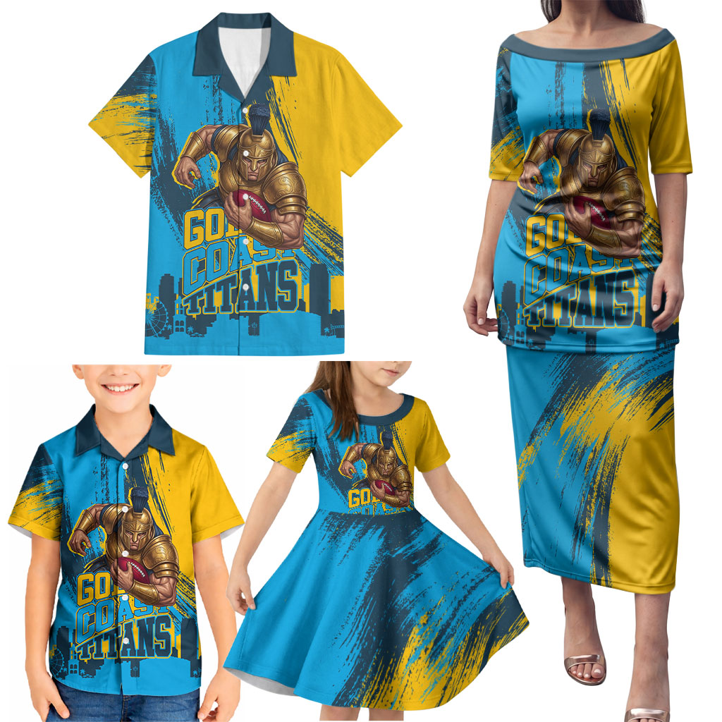 Personalised Gold Coast Titans Rugby Family Matching Puletasi and Hawaiian Shirt Muscular Titan Mascot City Skyline Graphic