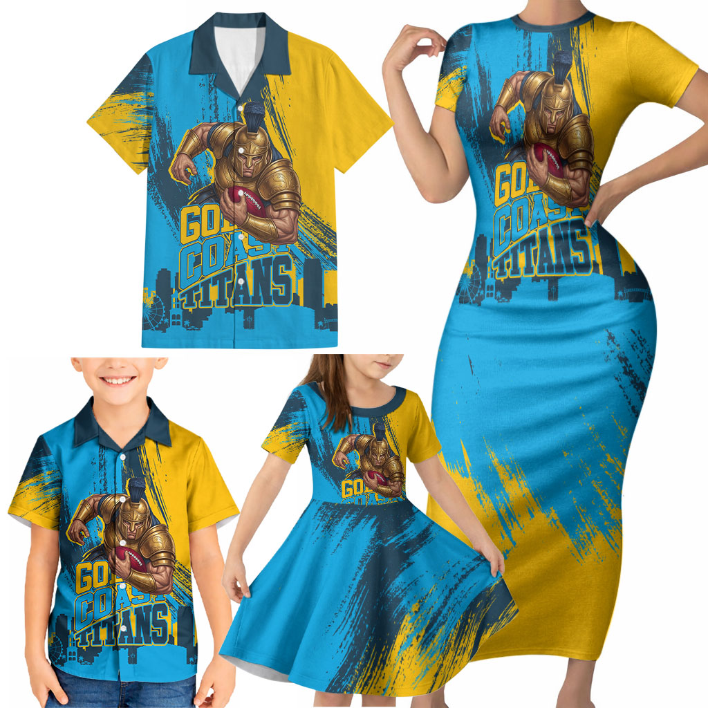 Personalised Gold Coast Titans Rugby Family Matching Short Sleeve Bodycon Dress and Hawaiian Shirt Muscular Titan Mascot City Skyline Graphic