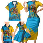 Personalised Gold Coast Titans Rugby Family Matching Short Sleeve Bodycon Dress and Hawaiian Shirt Muscular Titan Mascot City Skyline Graphic