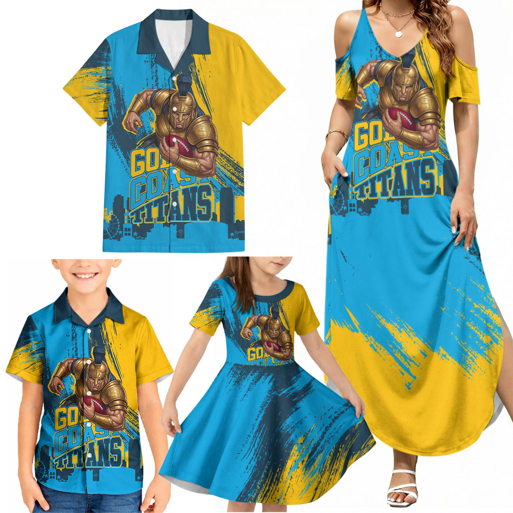 Personalised Gold Coast Titans Rugby Family Matching Summer Maxi Dress and Hawaiian Shirt Muscular Titan Mascot City Skyline Graphic