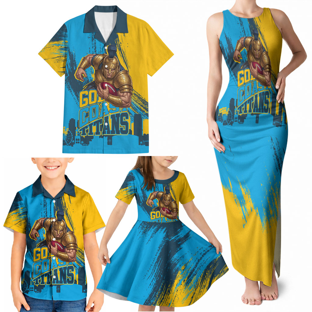 Personalised Gold Coast Titans Rugby Family Matching Tank Maxi Dress and Hawaiian Shirt Muscular Titan Mascot City Skyline Graphic