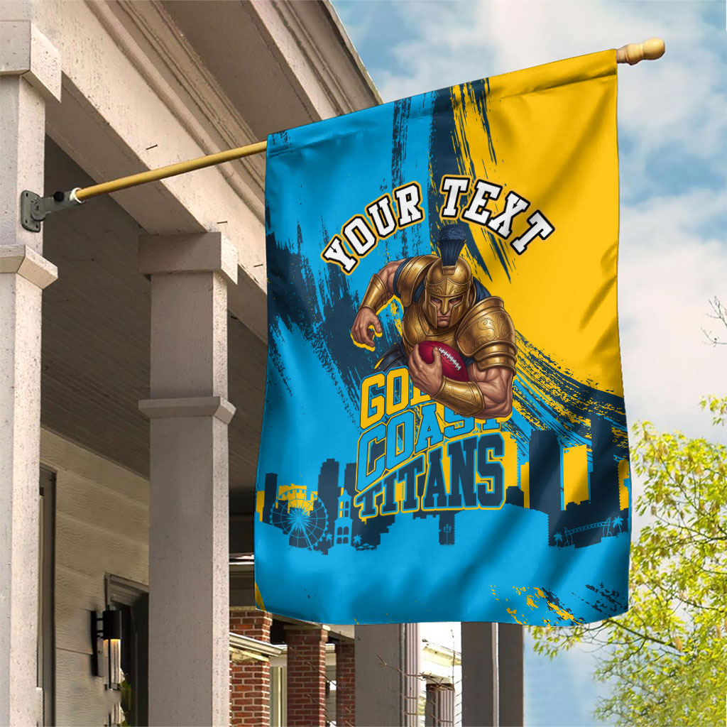 Personalised Gold Coast Titans Rugby Garden Flag Muscular Titan Mascot City Skyline Graphic