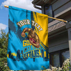 Personalised Gold Coast Titans Rugby Garden Flag Muscular Titan Mascot City Skyline Graphic
