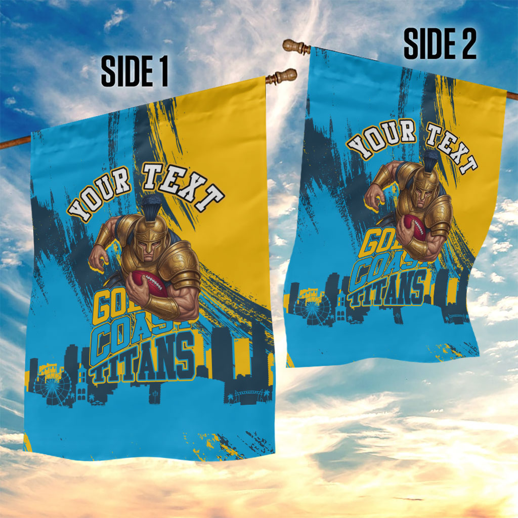Personalised Gold Coast Titans Rugby Garden Flag Muscular Titan Mascot City Skyline Graphic