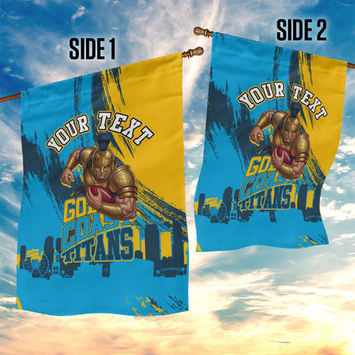 Personalised Gold Coast Titans Rugby Garden Flag Muscular Titan Mascot City Skyline Graphic