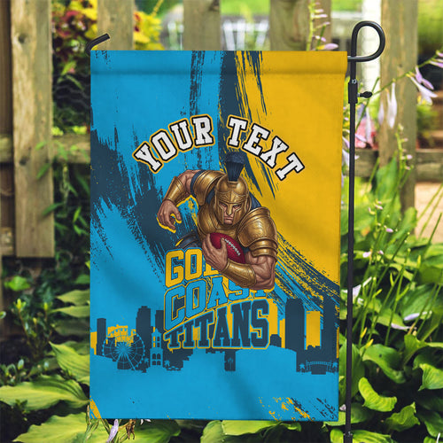 Personalised Gold Coast Titans Rugby Garden Flag Muscular Titan Mascot City Skyline Graphic