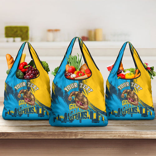 Personalised Gold Coast Titans Rugby Grocery Bag Muscular Titan Mascot City Skyline Graphic