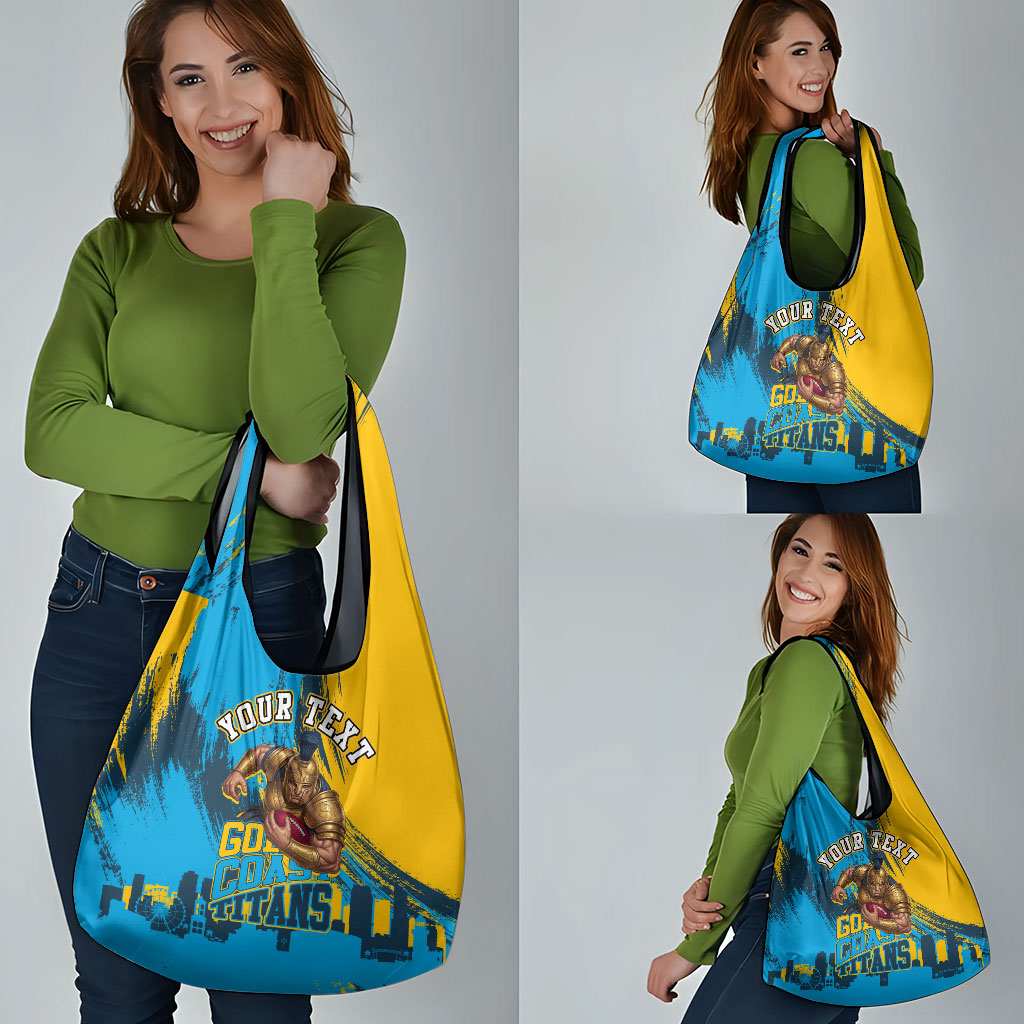 Personalised Gold Coast Titans Rugby Grocery Bag Muscular Titan Mascot City Skyline Graphic