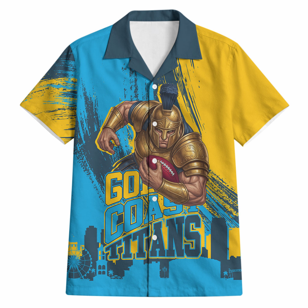 Personalised Gold Coast Titans Rugby Hawaiian Shirt Muscular Titan Mascot City Skyline Graphic
