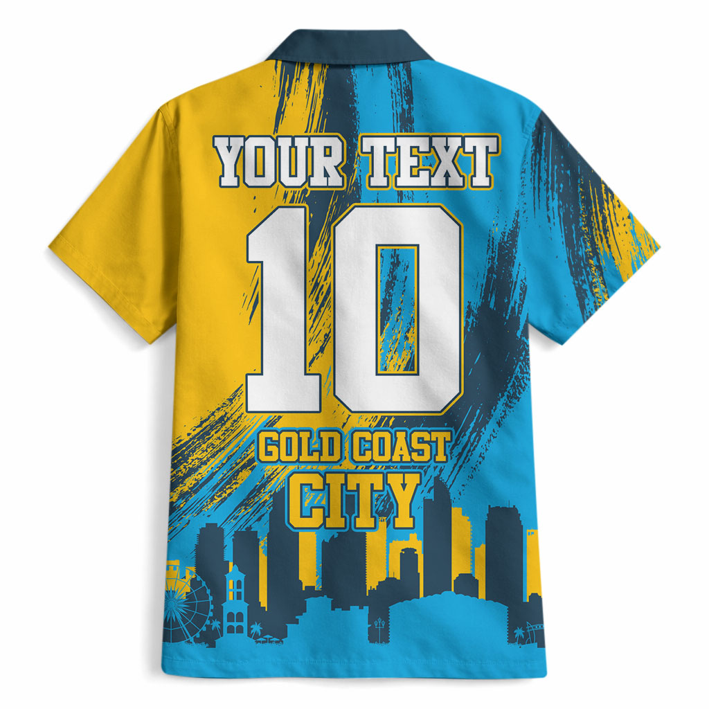 Personalised Gold Coast Titans Rugby Hawaiian Shirt Muscular Titan Mascot City Skyline Graphic