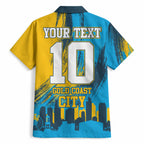 Personalised Gold Coast Titans Rugby Hawaiian Shirt Muscular Titan Mascot City Skyline Graphic