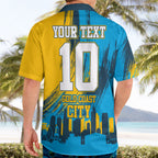 Personalised Gold Coast Titans Rugby Hawaiian Shirt Muscular Titan Mascot City Skyline Graphic