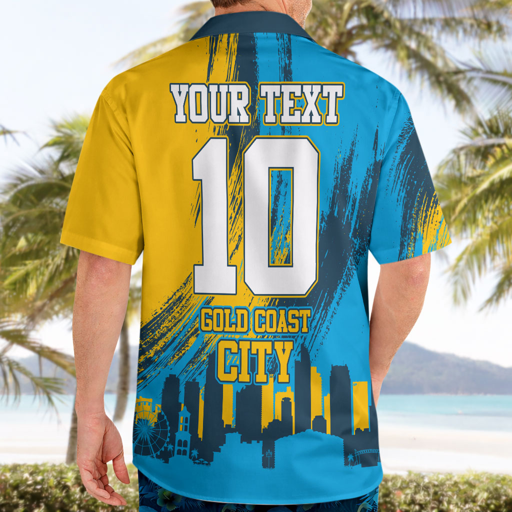 Personalised Gold Coast Titans Rugby Hawaiian Shirt Muscular Titan Mascot City Skyline Graphic