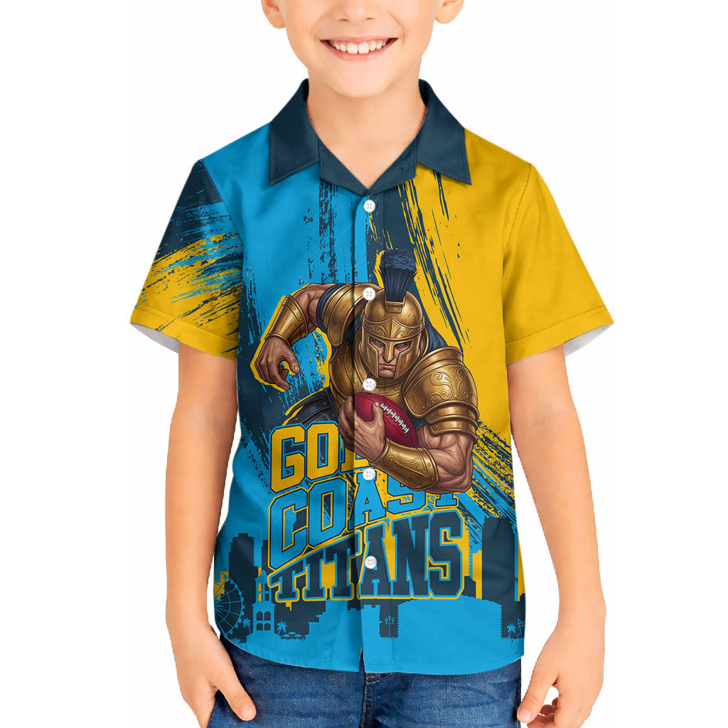 Personalised Gold Coast Titans Rugby Hawaiian Shirt Muscular Titan Mascot City Skyline Graphic