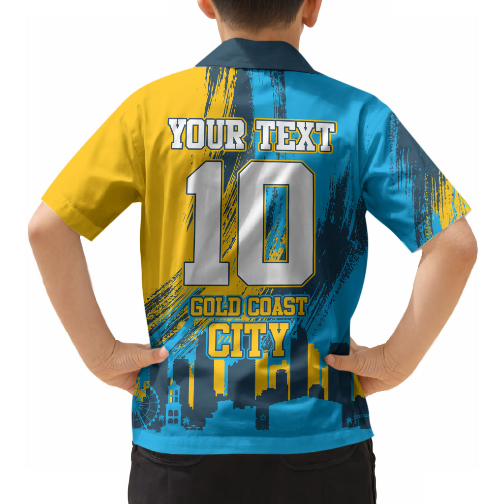 Personalised Gold Coast Titans Rugby Hawaiian Shirt Muscular Titan Mascot City Skyline Graphic