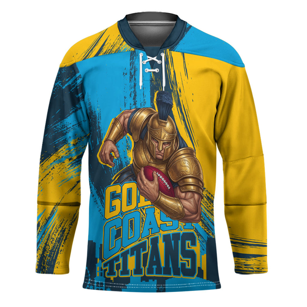 Personalised Gold Coast Titans Rugby Hockey Jersey Muscular Titan Mascot City Skyline Graphic