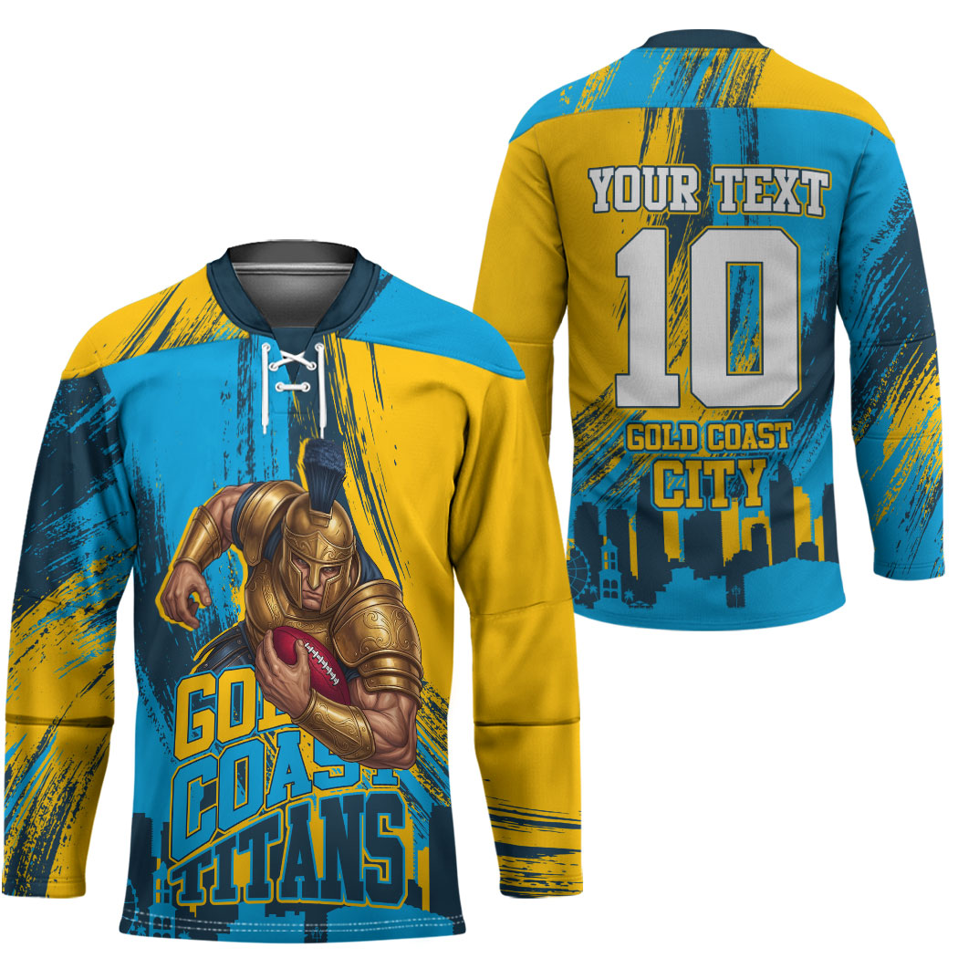 Personalised Gold Coast Titans Rugby Hockey Jersey Muscular Titan Mascot City Skyline Graphic
