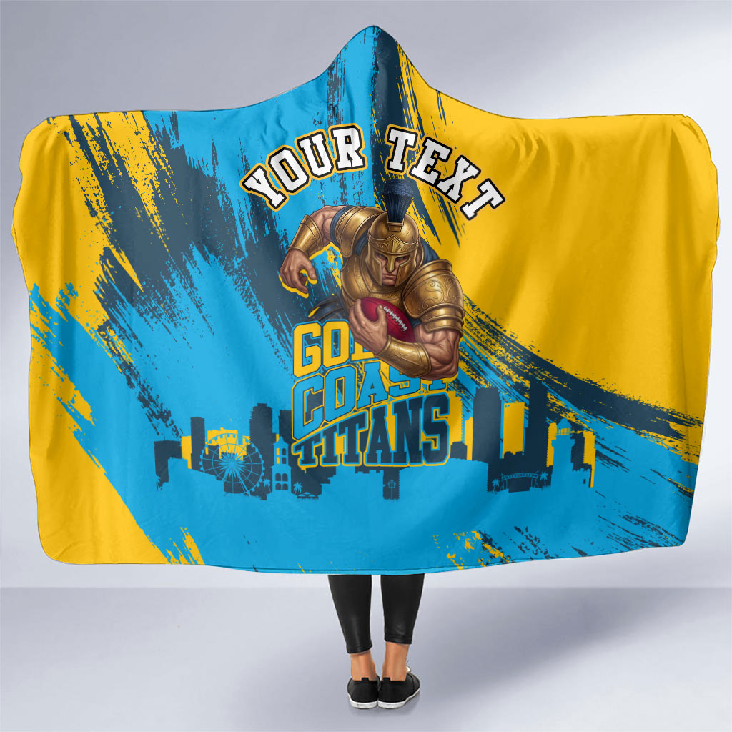 Personalised Gold Coast Titans Rugby Hooded Blanket Muscular Titan Mascot City Skyline Graphic