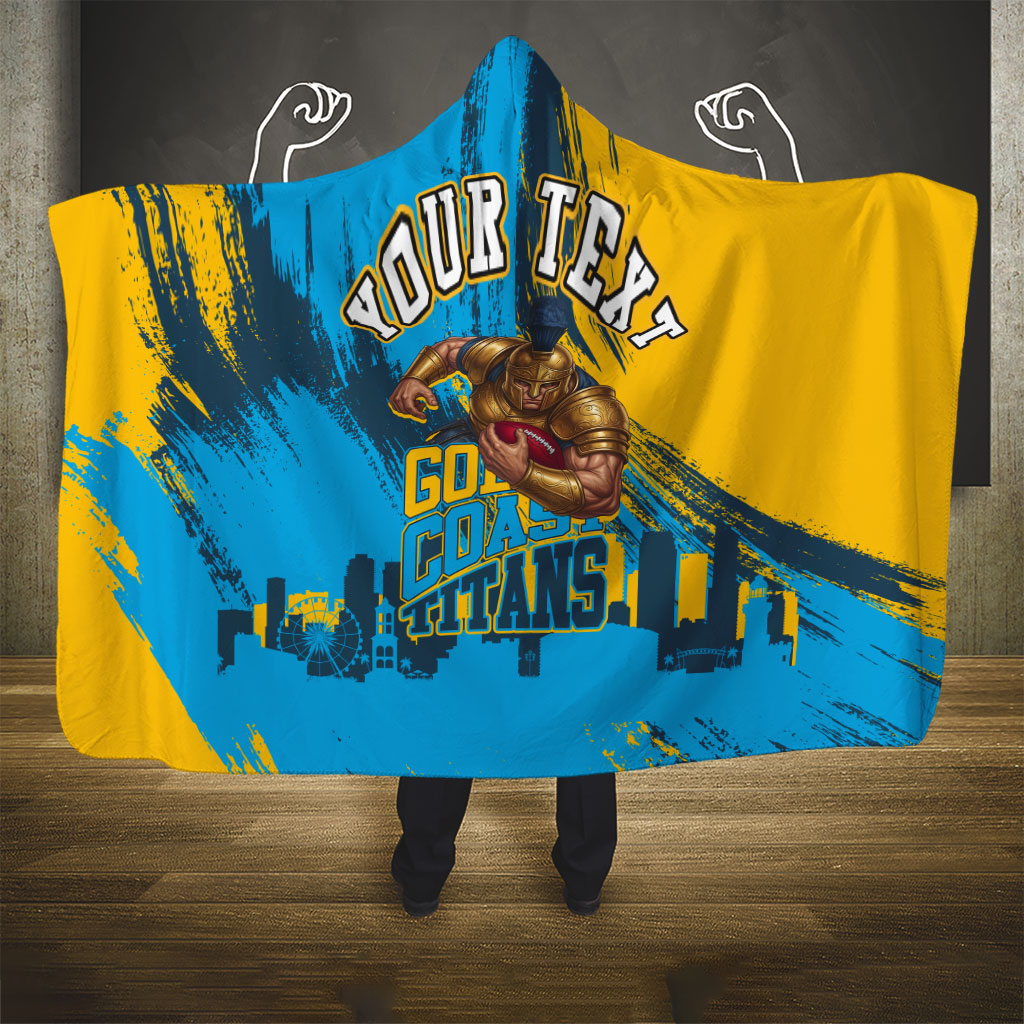 Personalised Gold Coast Titans Rugby Hooded Blanket Muscular Titan Mascot City Skyline Graphic