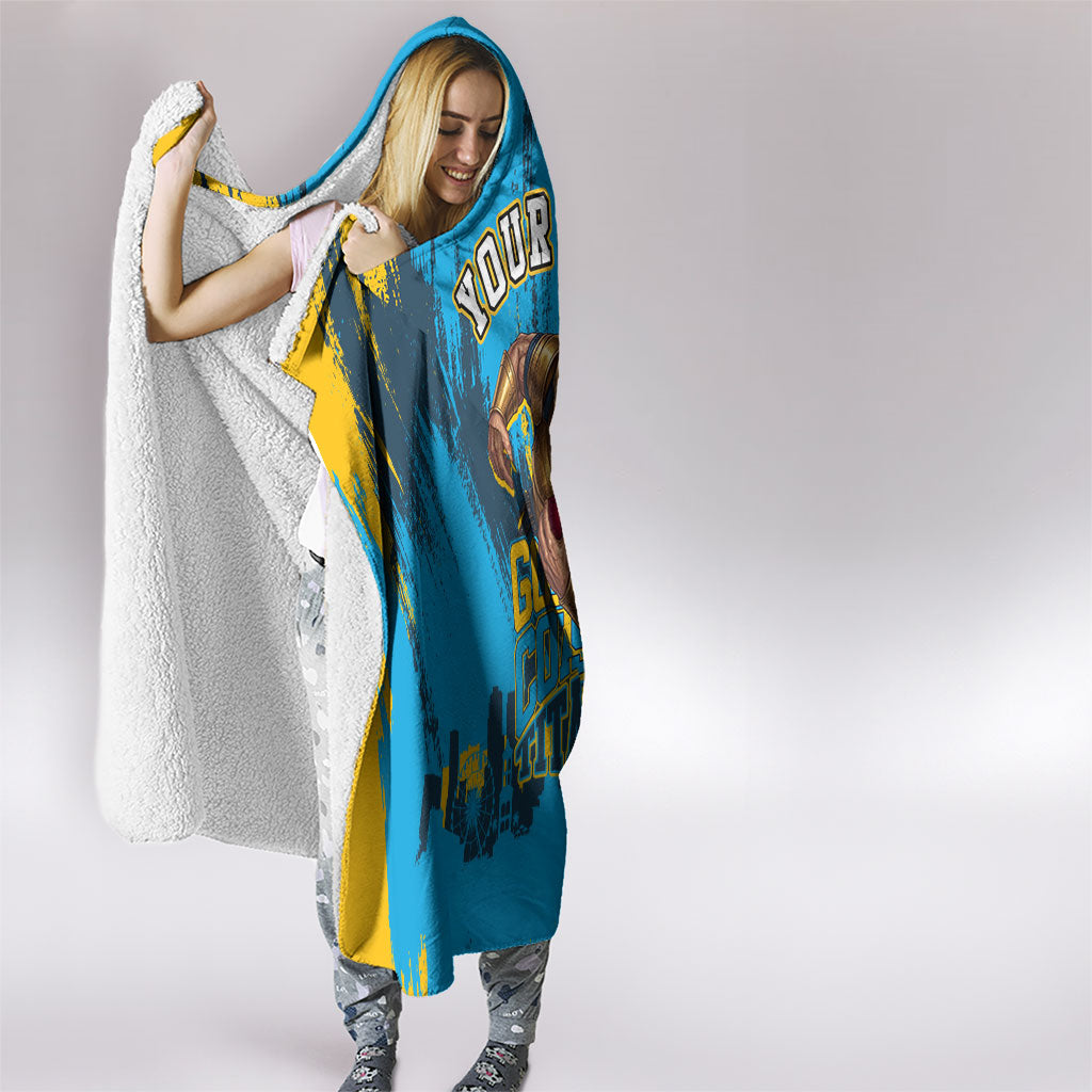 Personalised Gold Coast Titans Rugby Hooded Blanket Muscular Titan Mascot City Skyline Graphic