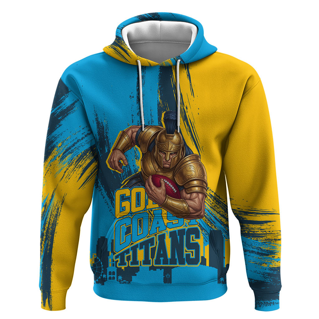 Personalised Gold Coast Titans Rugby Hoodie Muscular Titan Mascot City Skyline Graphic