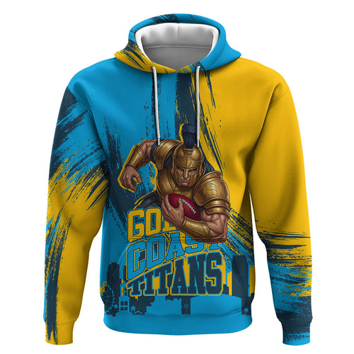 Personalised Gold Coast Titans Rugby Hoodie Muscular Titan Mascot City Skyline Graphic