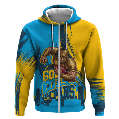 Personalised Gold Coast Titans Rugby Hoodie Muscular Titan Mascot City Skyline Graphic