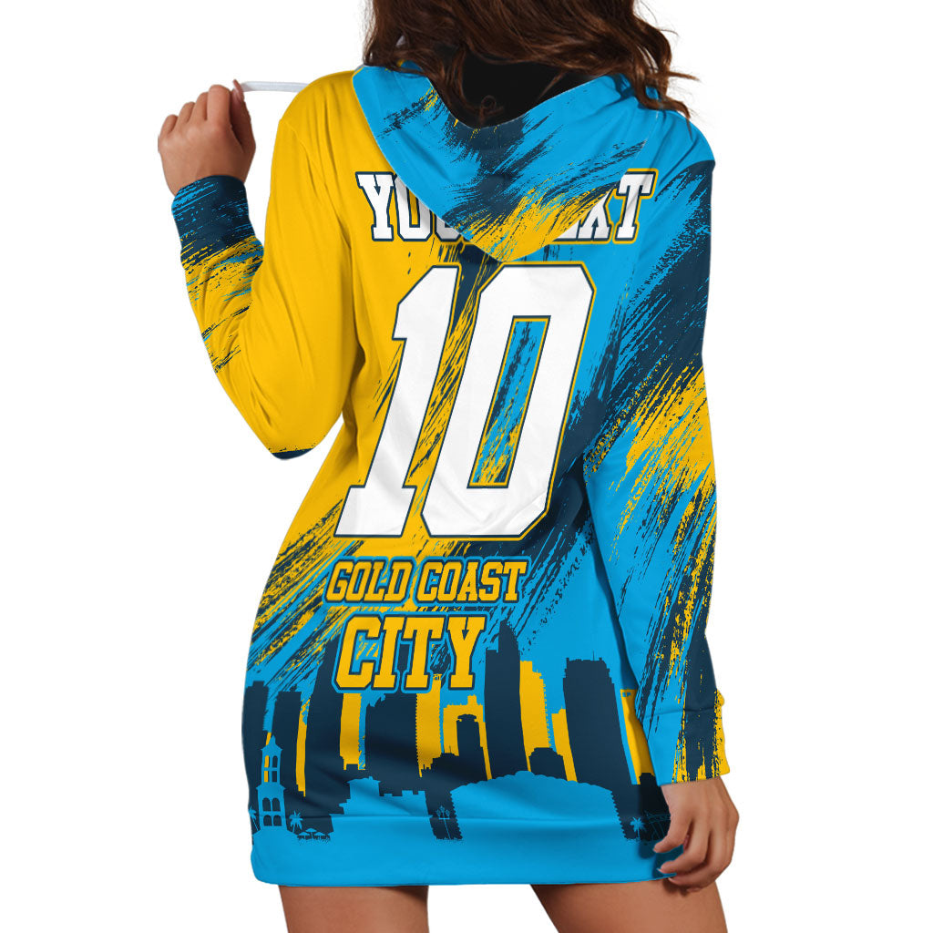 Personalised Gold Coast Titans Rugby Hoodie Dress Muscular Titan Mascot City Skyline Graphic