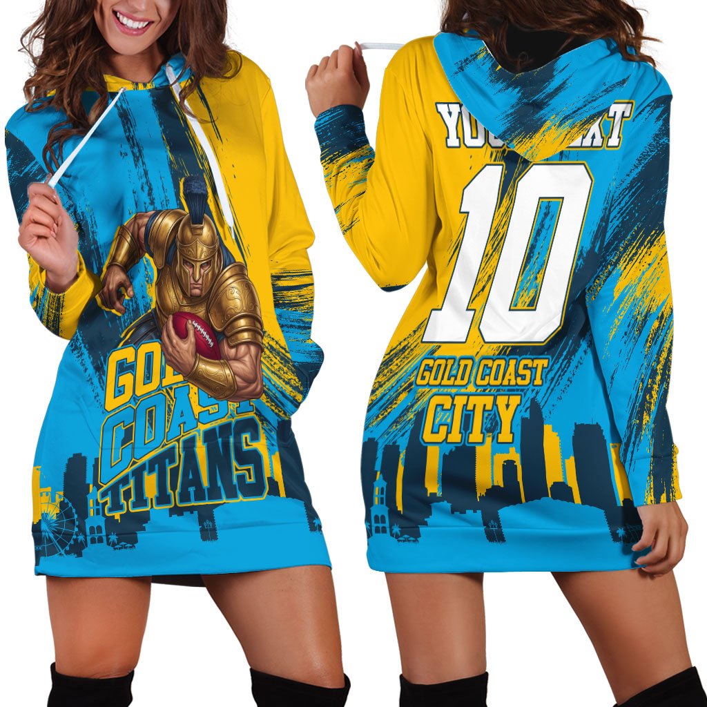Personalised Gold Coast Titans Rugby Hoodie Dress Muscular Titan Mascot City Skyline Graphic