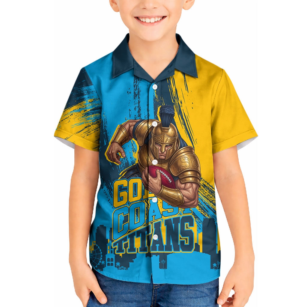 Personalised Gold Coast Titans Rugby Kid Hawaiian Shirt Muscular Titan Mascot City Skyline Graphic