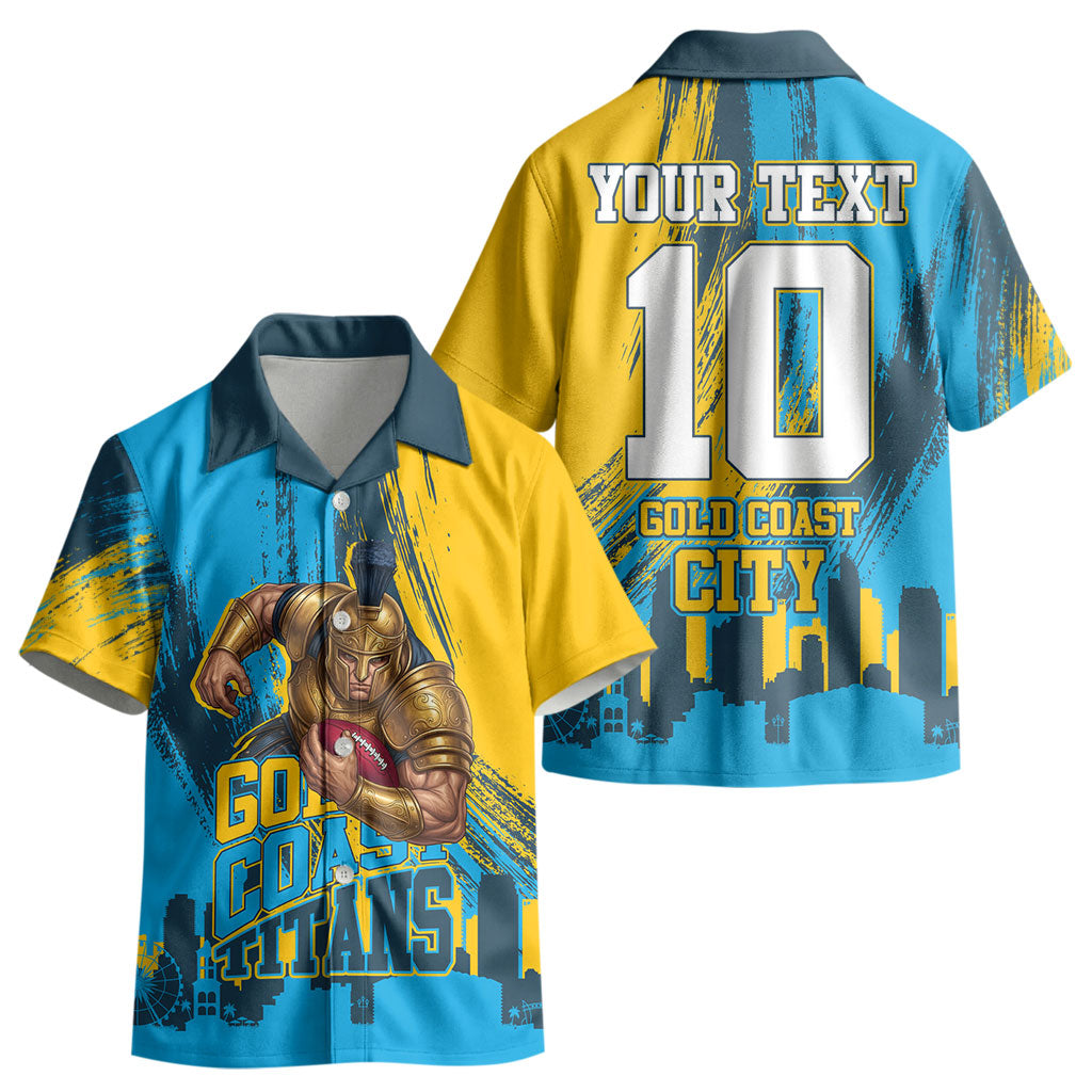 Personalised Gold Coast Titans Rugby Kid Hawaiian Shirt Muscular Titan Mascot City Skyline Graphic