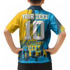 Personalised Gold Coast Titans Rugby Kid Hawaiian Shirt Muscular Titan Mascot City Skyline Graphic