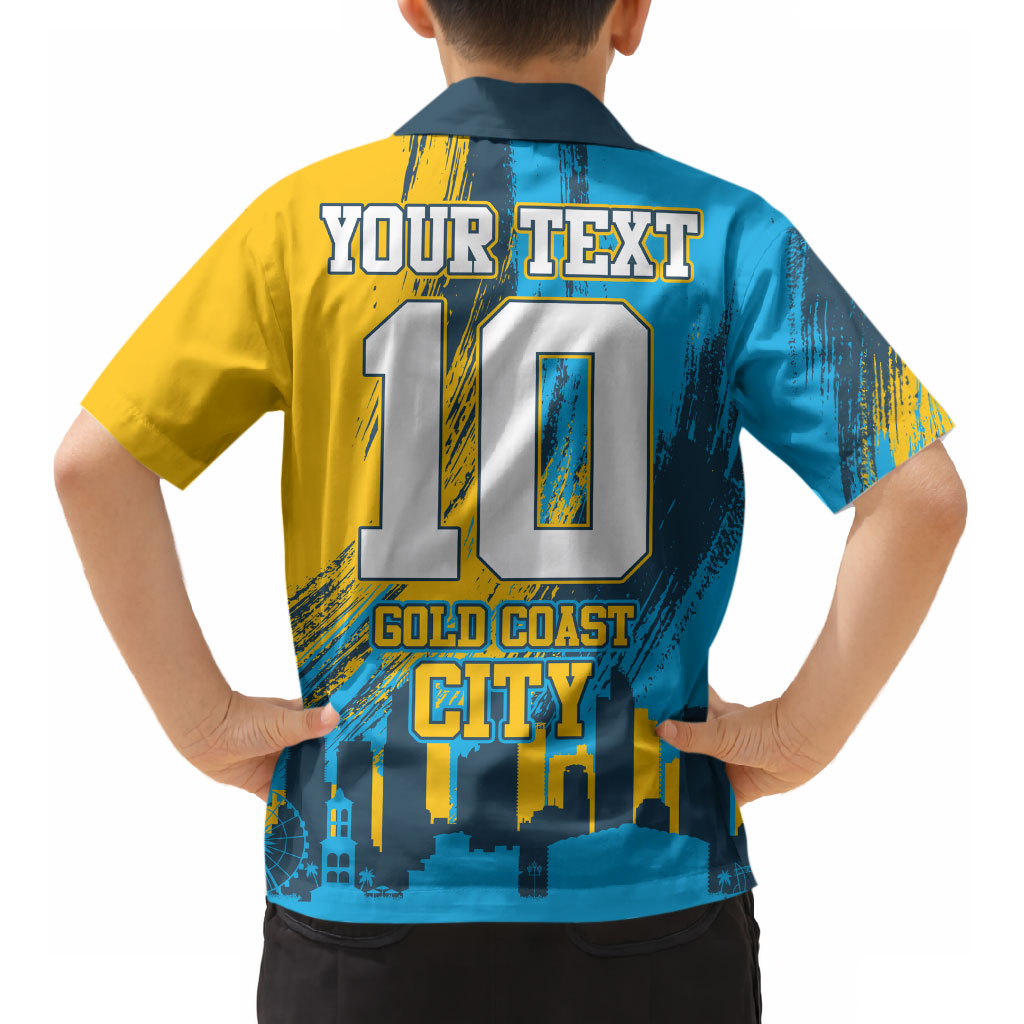 Personalised Gold Coast Titans Rugby Kid Hawaiian Shirt Muscular Titan Mascot City Skyline Graphic