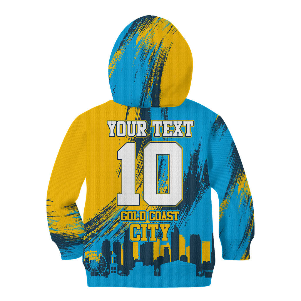 Personalised Gold Coast Titans Rugby Kid Hoodie Muscular Titan Mascot City Skyline Graphic