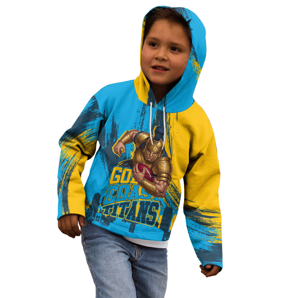 Personalised Gold Coast Titans Rugby Kid Hoodie Muscular Titan Mascot City Skyline Graphic