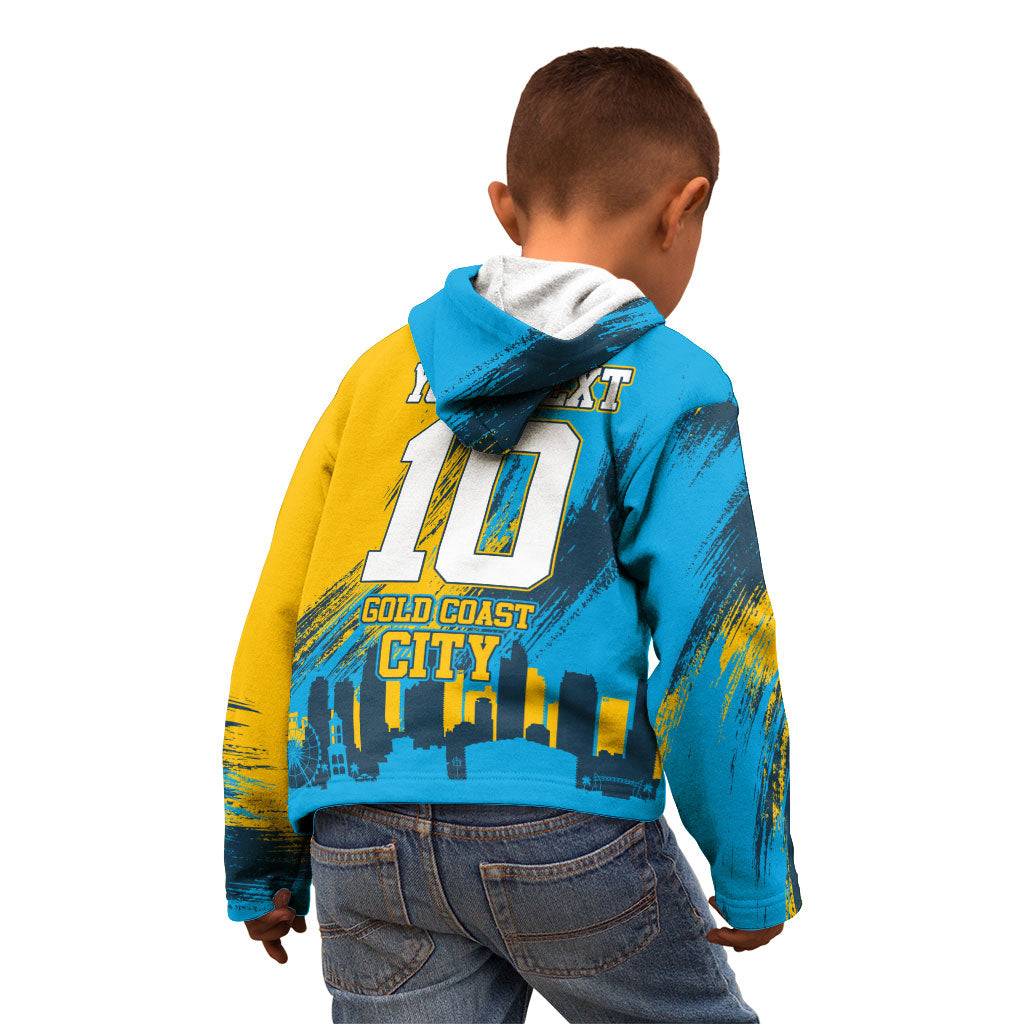 Personalised Gold Coast Titans Rugby Kid Hoodie Muscular Titan Mascot City Skyline Graphic
