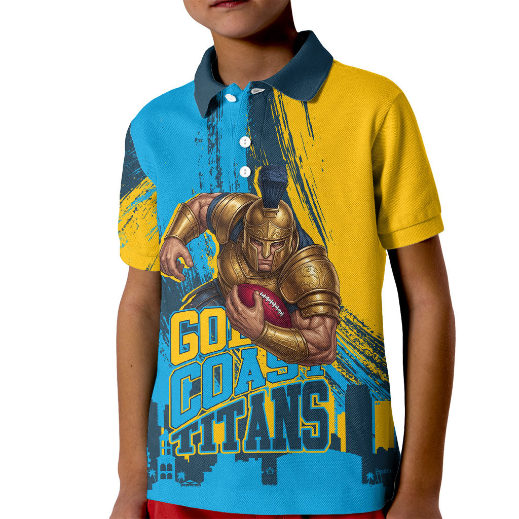 Personalised Gold Coast Titans Rugby Kid Polo Shirt Muscular Titan Mascot City Skyline Graphic
