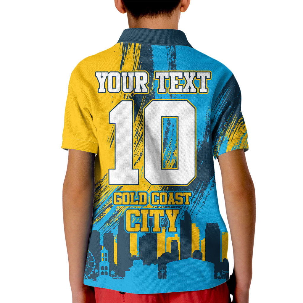 Personalised Gold Coast Titans Rugby Kid Polo Shirt Muscular Titan Mascot City Skyline Graphic