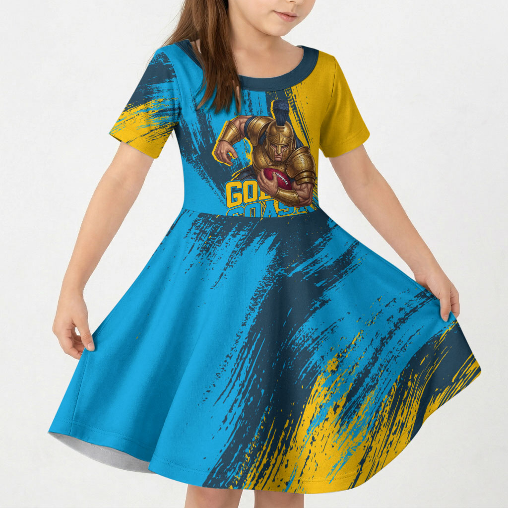 Personalised Gold Coast Titans Rugby Kid Short Sleeve Dress Muscular Titan Mascot City Skyline Graphic