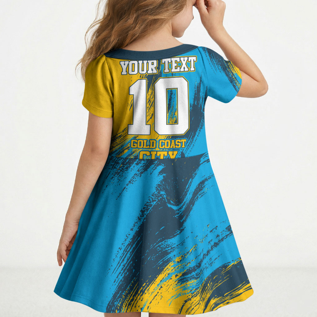 Personalised Gold Coast Titans Rugby Kid Short Sleeve Dress Muscular Titan Mascot City Skyline Graphic